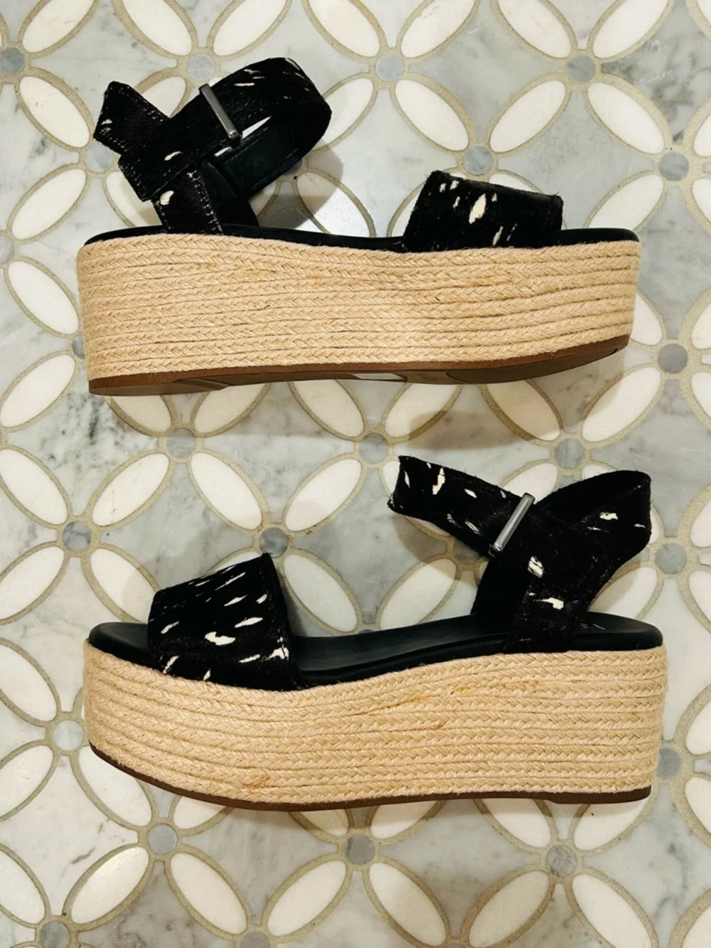 Franco Sarto Ben Spotted Calf Hair Leather Platform Jute Espadrille Sandal 8.5